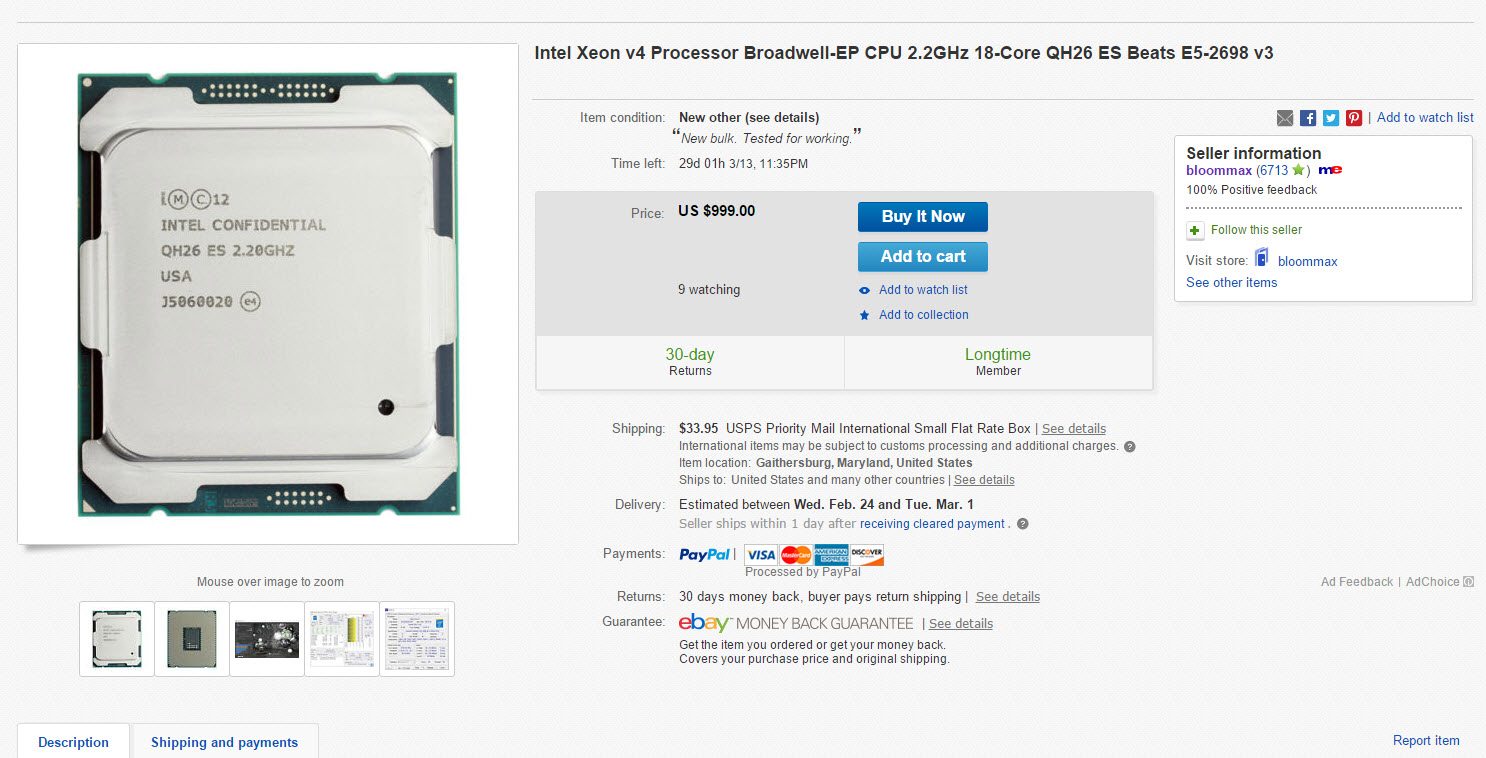 Intel Xeon E5-2600 V4 Broadwell-EP ES στο Ebay προς $999
